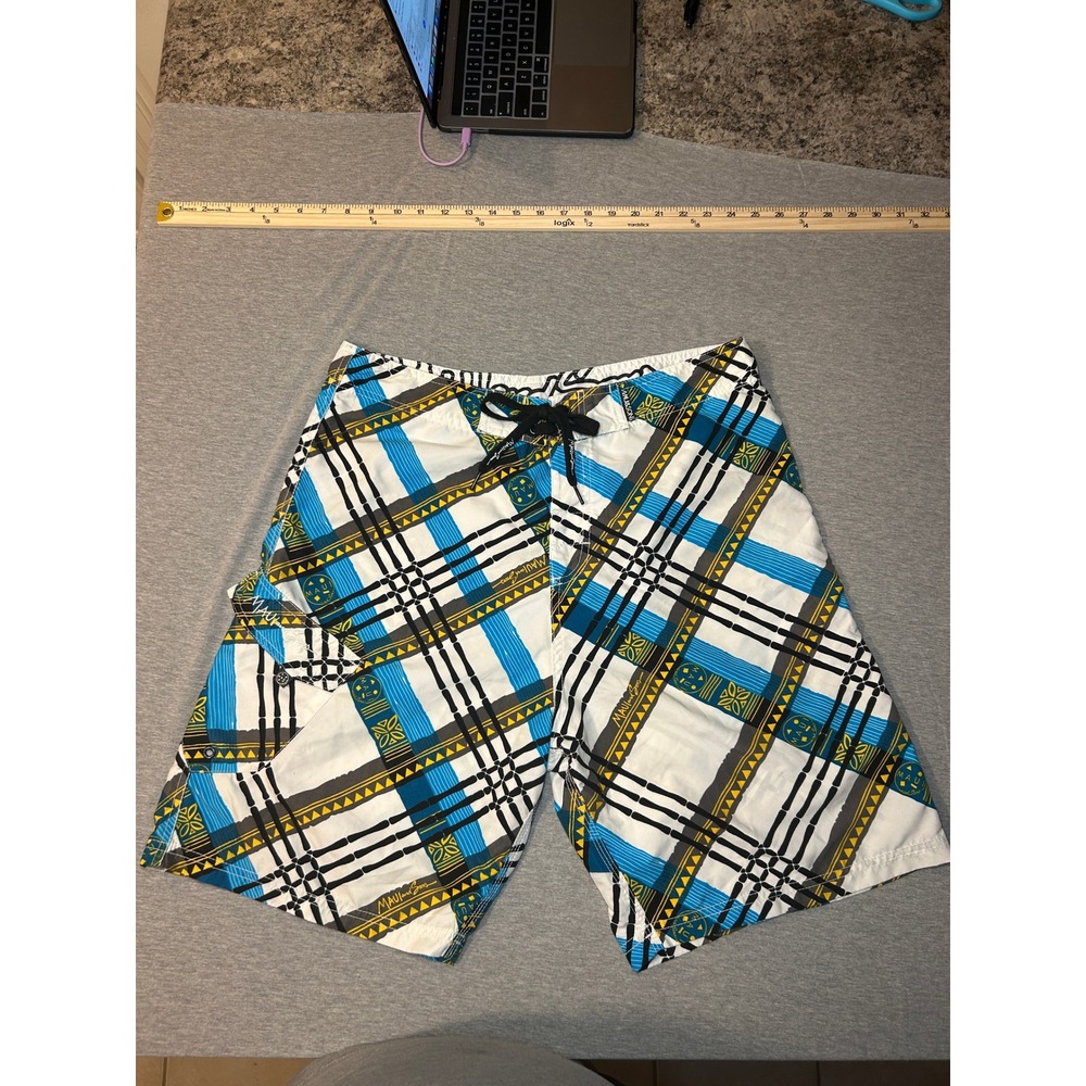Maui and Sons Mens Plaid Board Shorts Swim Trunks Blue Yellow Black Size 34